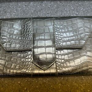 JJ Winters Metallic Croc-Embossed Clutch in Silver